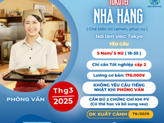 [TOKYO] CẦN 5 NAM/5 NỮ PHỤC VỤ NHÀ HÀNG LƯƠNG CAO HẤP DẪN